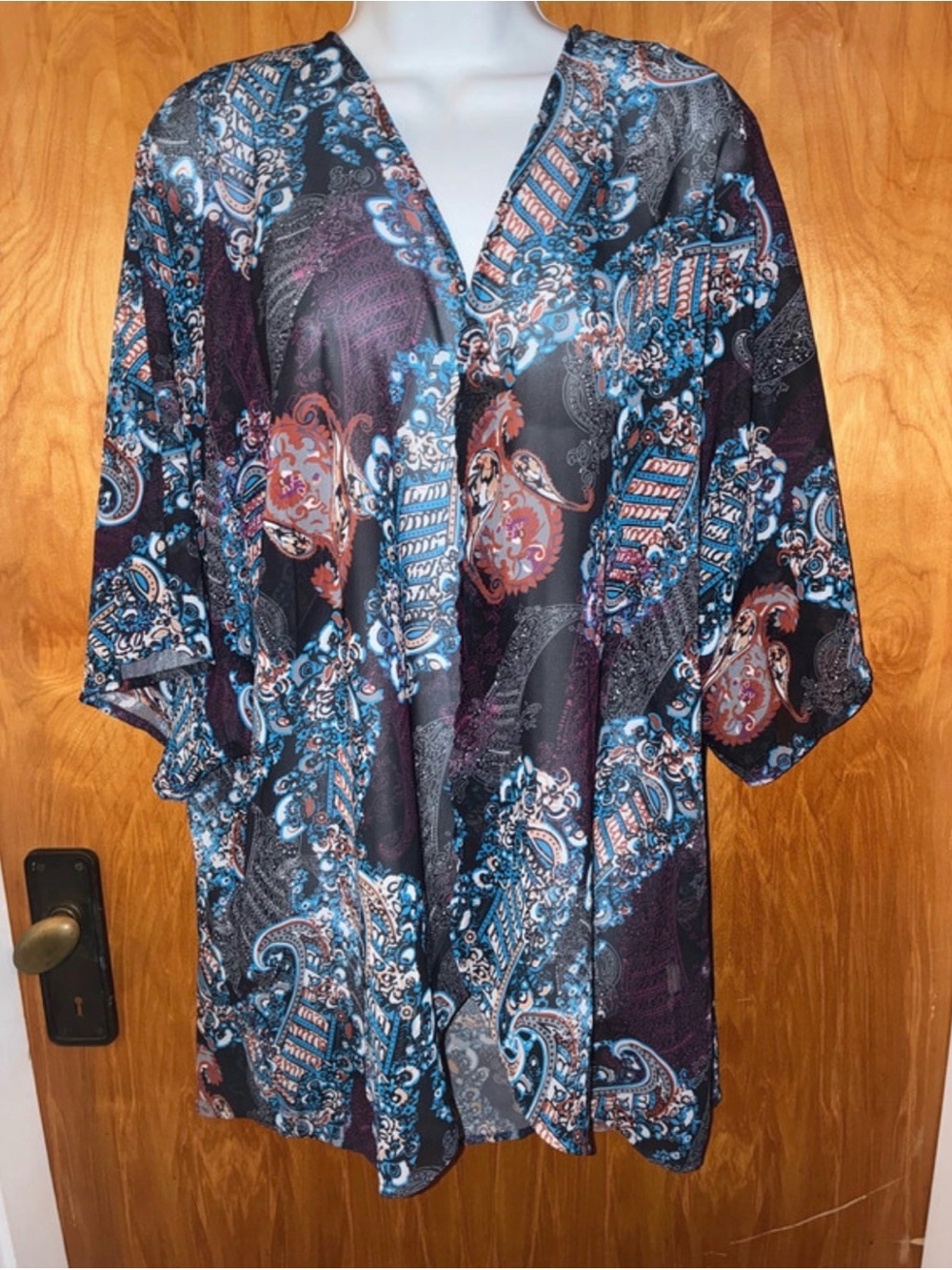 Paisley Boho Navy Blue, Cream, Tan, Brown & Gray Kimono Duster One Size 2XL